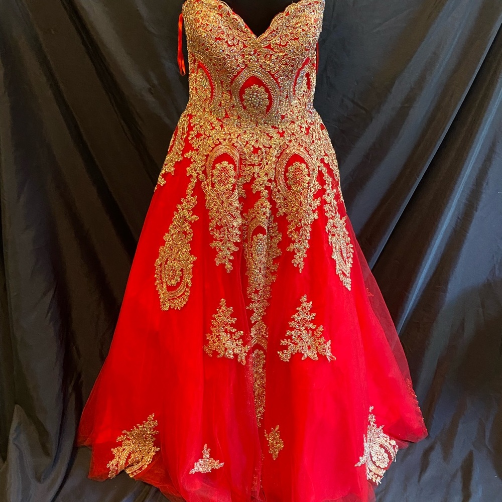 Elegant Red and Gold Embellished Prom Dress